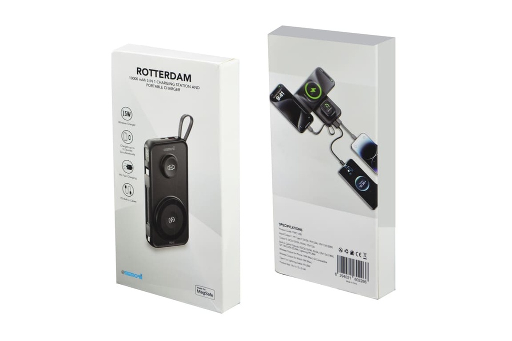 ROTTERDAM -10,000mAh Universal Wireless Powerbank with inbuilt cables - Black