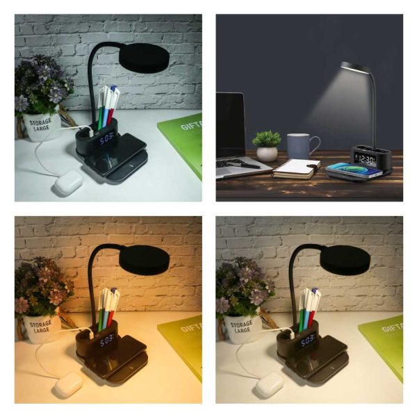 Desk Lamp with 15W Wireless Charger, Clock and Pen Holder
