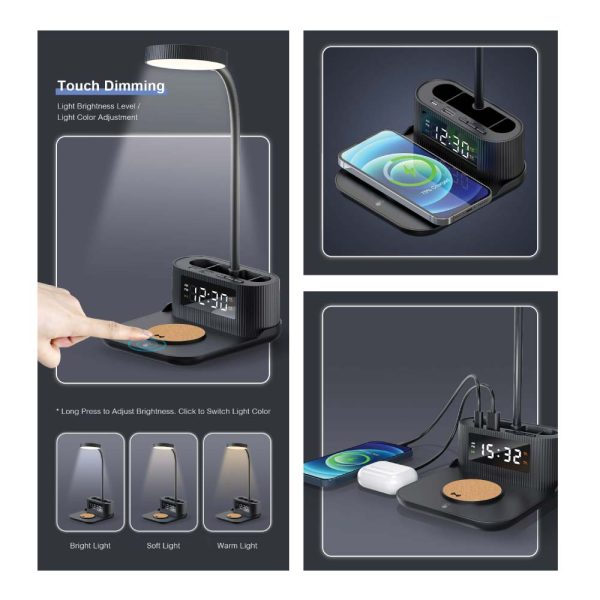 Desk Lamp with 15W Wireless Charger, Clock and Pen Holder